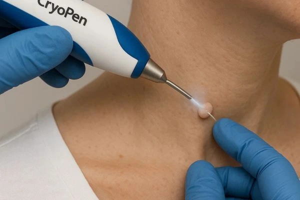 Person receiving cryotherapy Temple Mills for skin tag removal