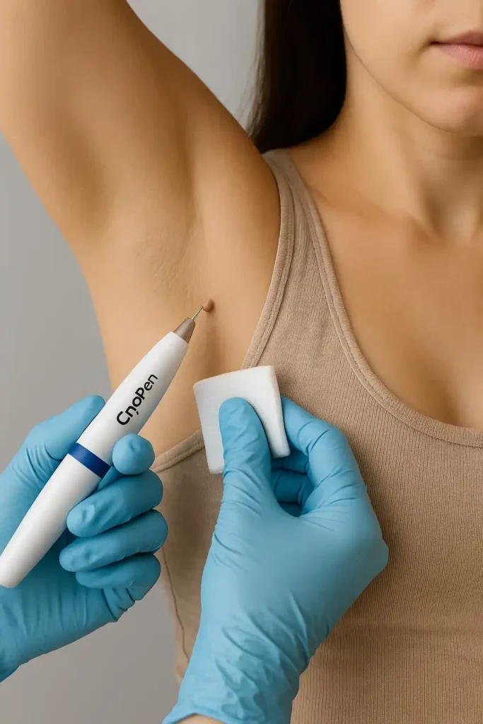 woman having cryopen to remove underarm skin tags Temple Mills