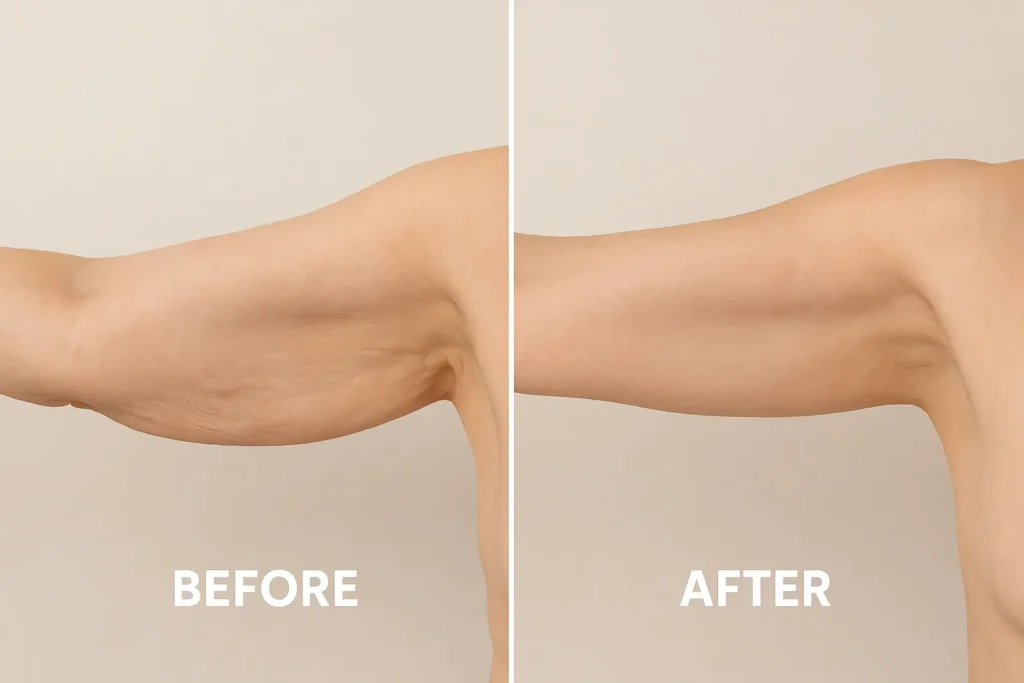 Picture of LA LIPO Temple Mills before and after results of skin tightening treatment on the upper arms.