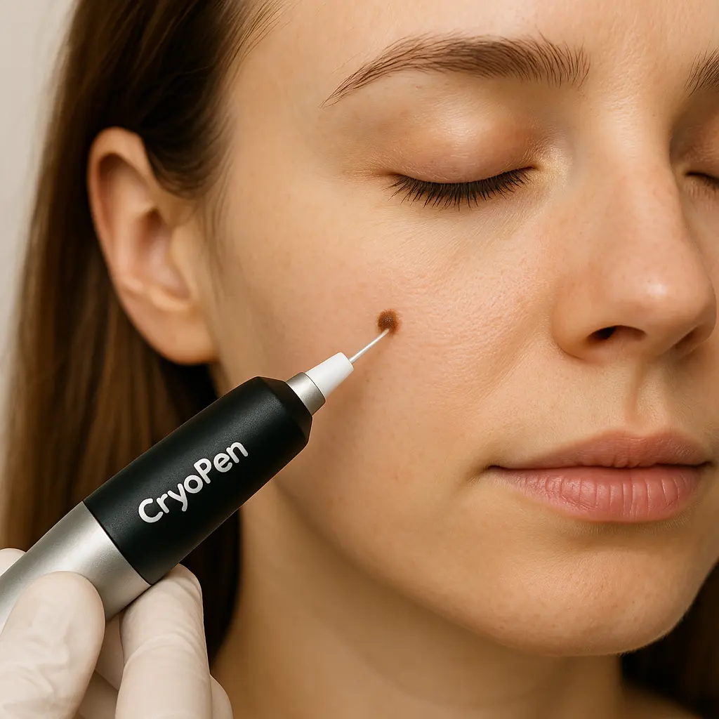 woman receiving facial mole removal Temple Mills using cryopen