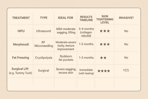Table showing the comparisons of Skin tightening Temple Mills treatment options.
